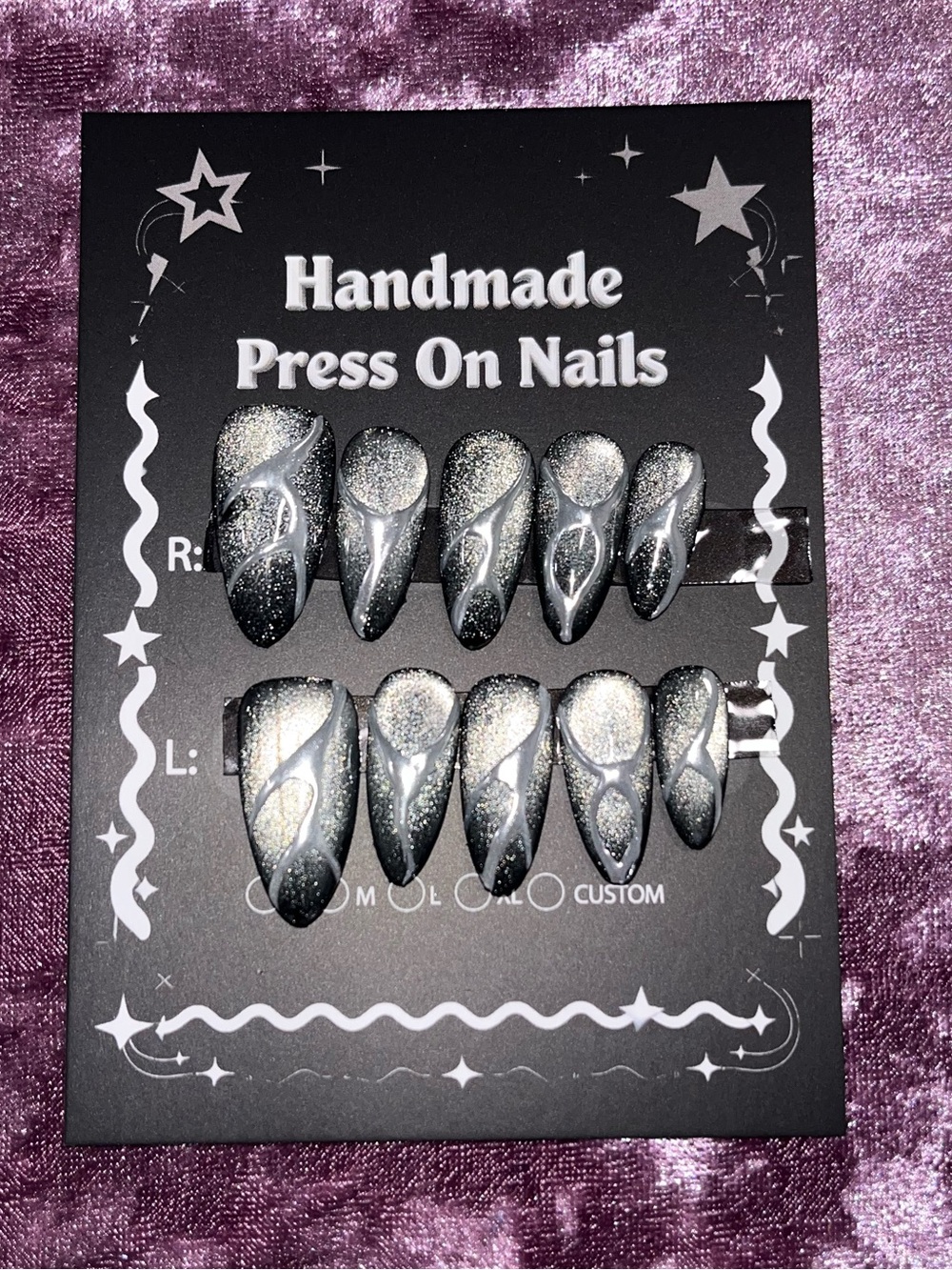 Handmade Press On Nails - Silver and Black Sparkle